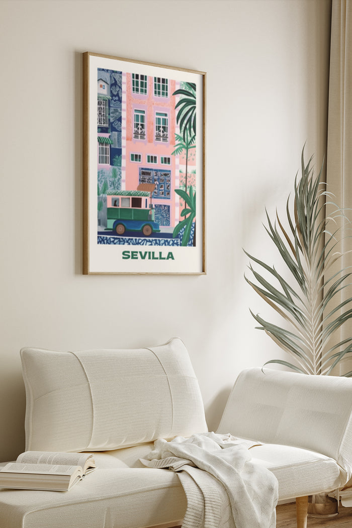 Vintage Sevilla travel poster with pink building and green bus in a modern living room