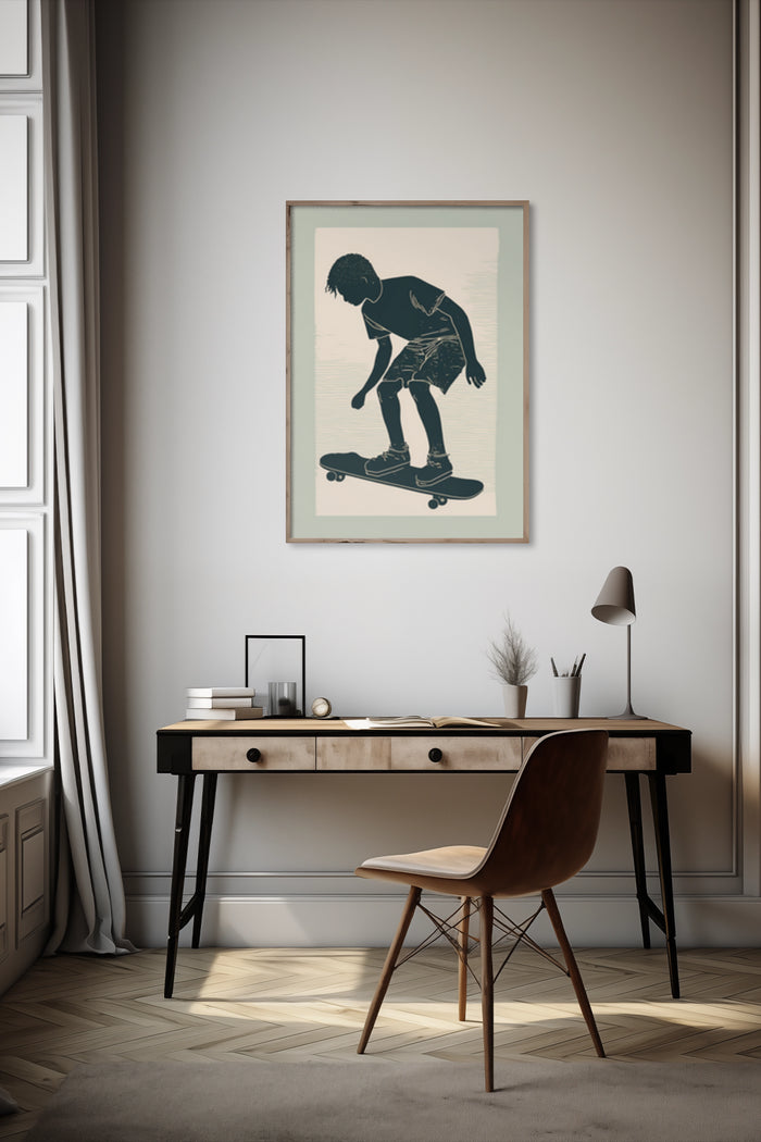 Vintage style skateboarder poster in a modern home office setting with minimalist furniture