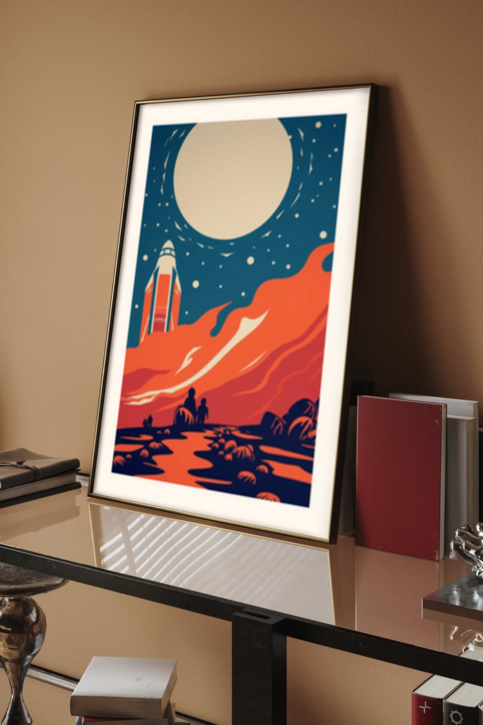 Vintage space exploration poster featuring a rocket launch and the night sky