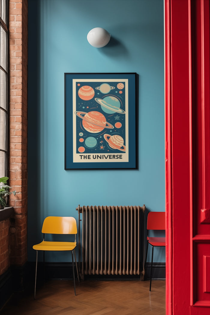 Retro style vintage space poster depicting the universe with colorful planets, stars, and orbits on a blue background, framed on a teal wall