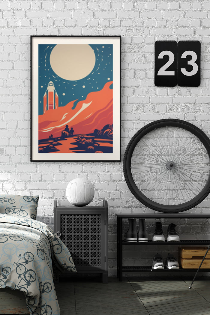 Vintage space travel poster with moon, rocket and desert landscape in stylish bedroom interior