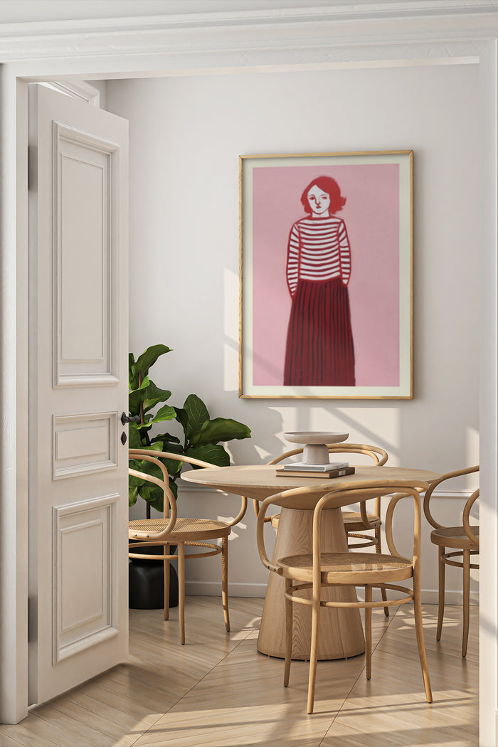 Vintage Fashion Poster with Woman in Striped Dress in a Stylish Modern Dining Room