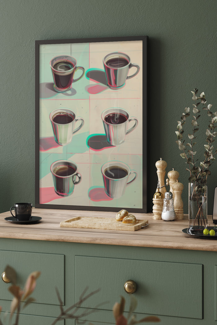 Vintage Style 3D Coffee Cups Artwork Displayed in Modern Kitchen Decor