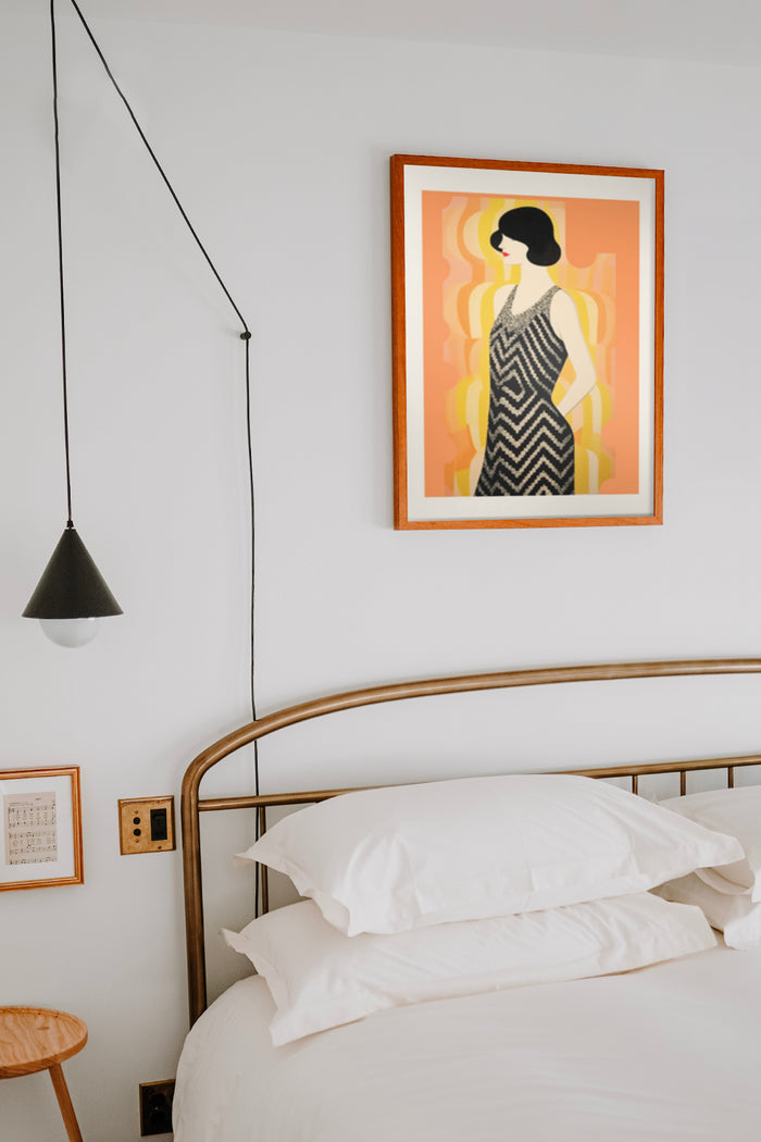 Vintage Art Deco style poster of a woman with a geometric pattern dress in a cozy bedroom setting with brass bed frame