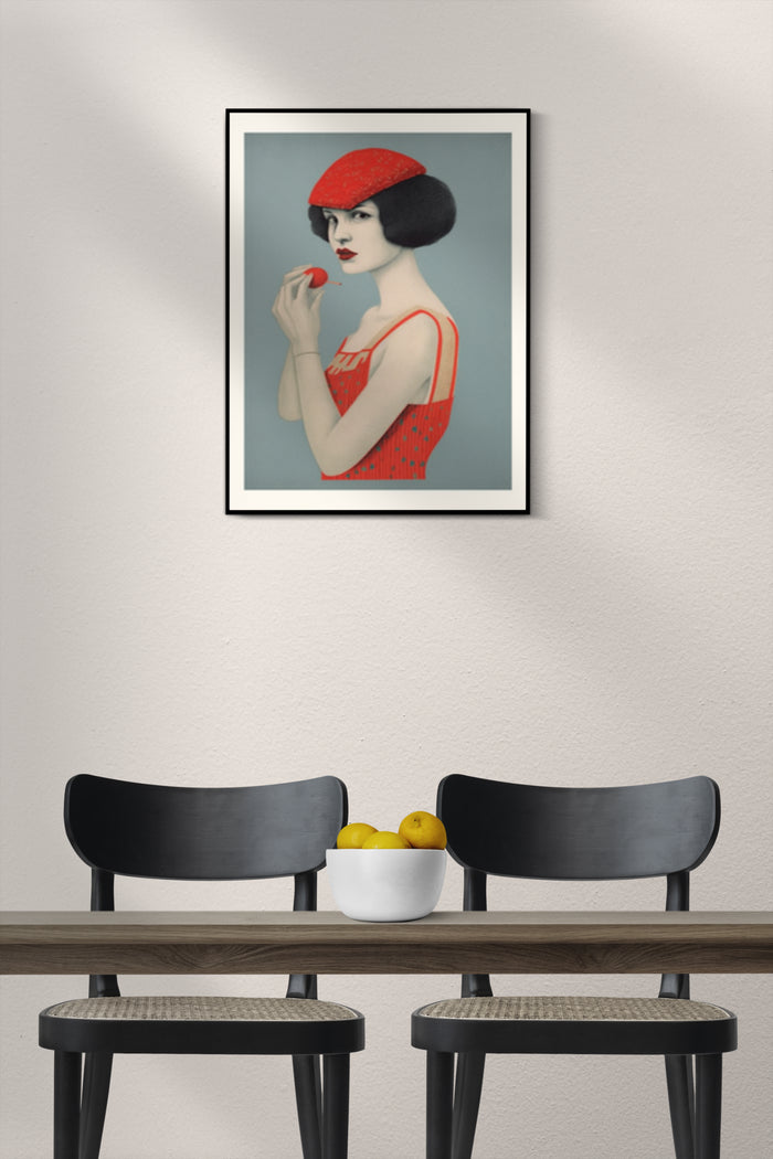 Vintage Art Deco Poster of a Woman with Red Hat and Dress Holding an Apple