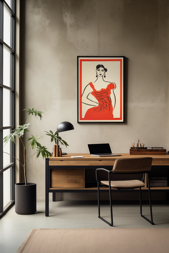 Vintage style artwork of a woman in a red dress poster displayed in a contemporary office setting