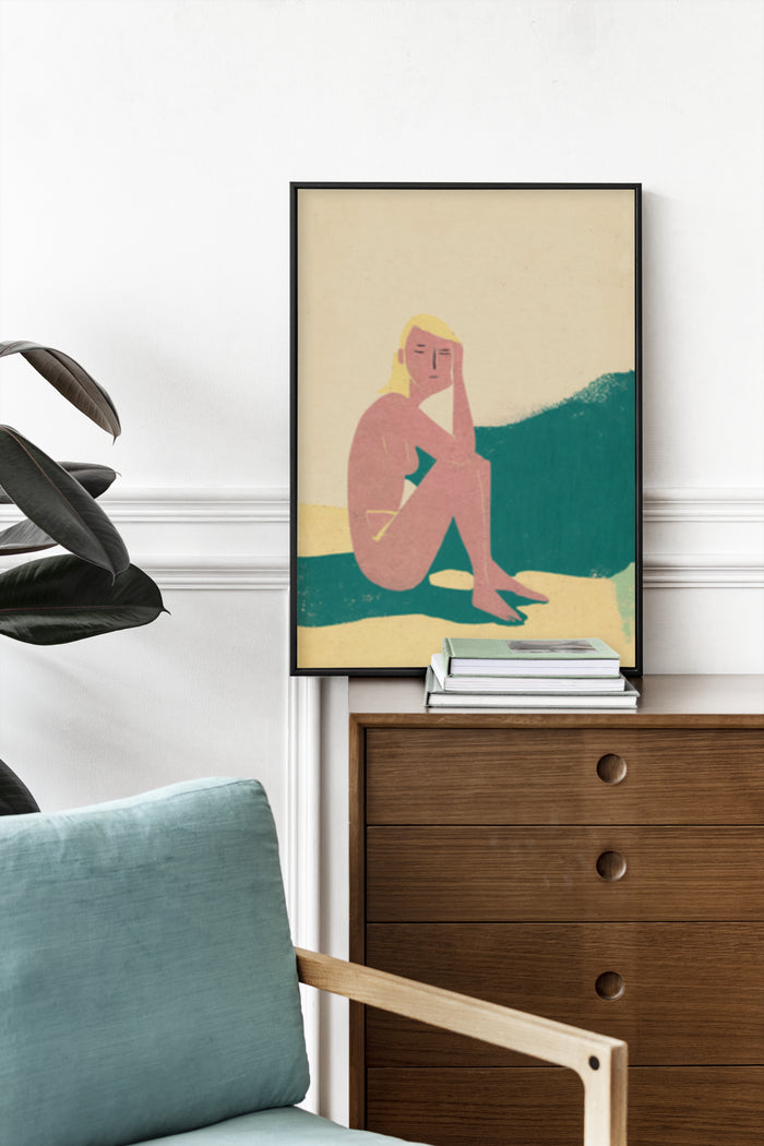 Vintage inspired beach artwork with contemplative figure sitting by the sea poster displayed in modern living room