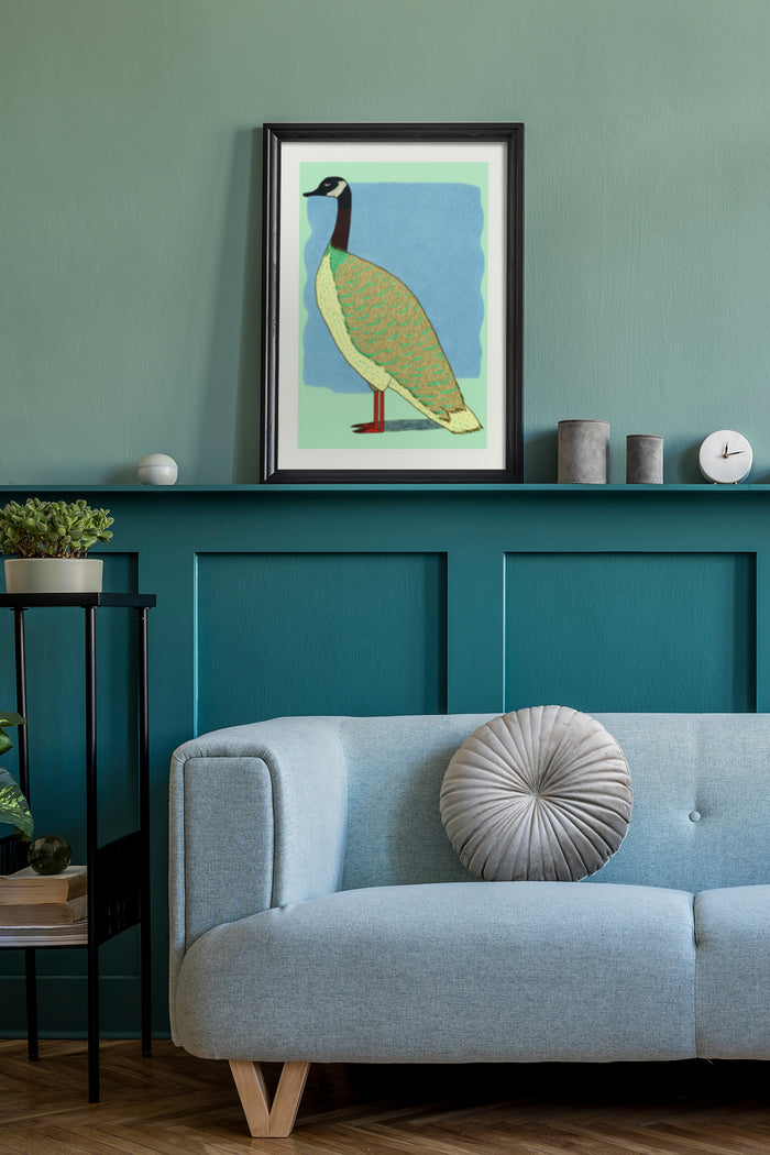 Vintage style illustrated bird poster framed on a living room wall