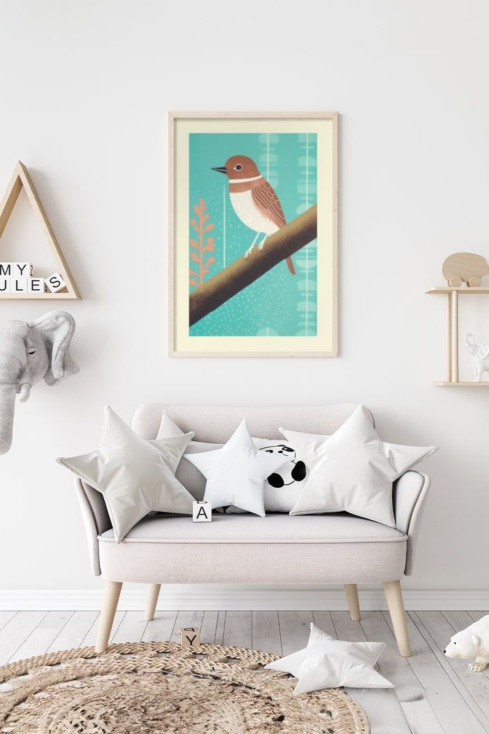 Vintage style artwork of a bird on a branch poster framed in a contemporary living room