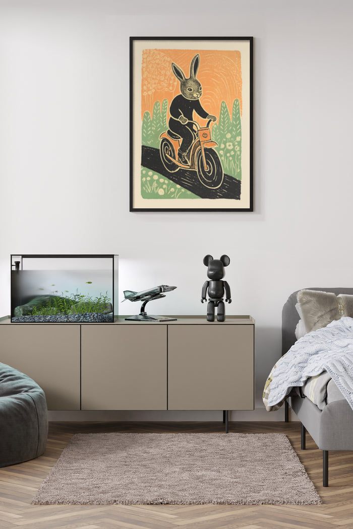 Vintage style artwork of a bunny riding a motorcycle in a graphic poster design