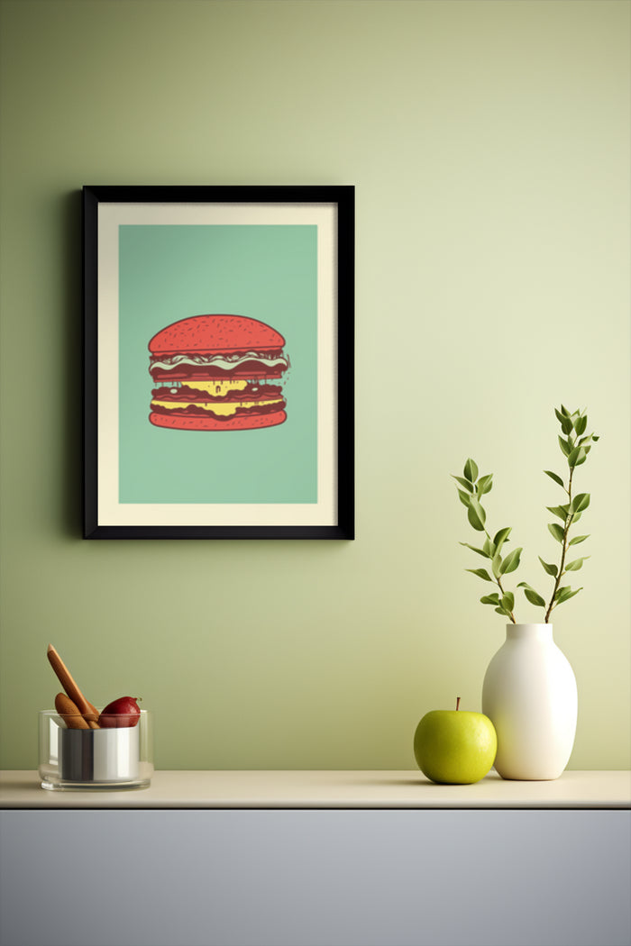 Retro Burger Illustration Framed Poster on Wall with Modern Decor