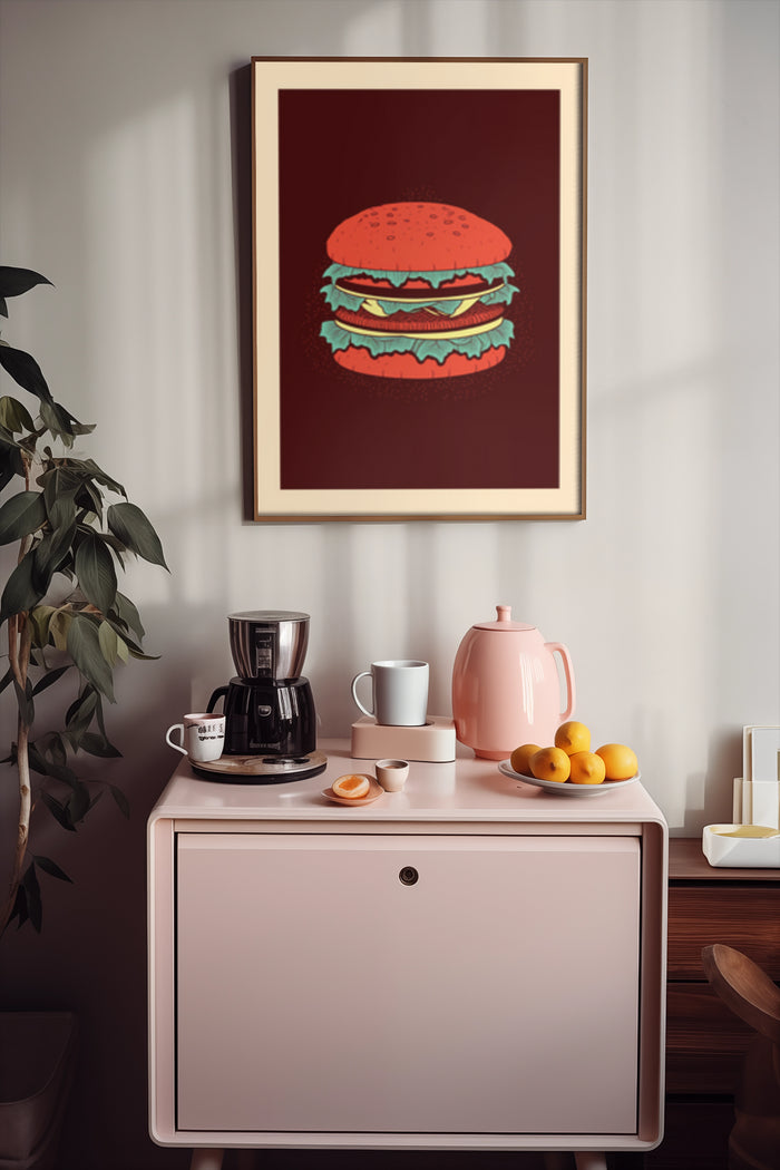 Vintage style burger poster as kitchen wall art in a stylish interior setting