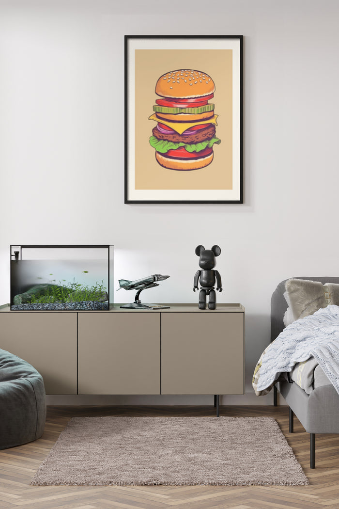 Retro Burger Poster Artwork in Stylish Interior Decor