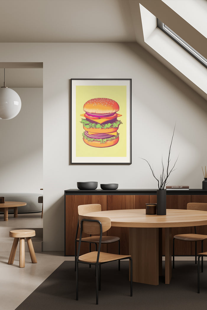 Vintage style burger advertisement poster displayed in a modern dining room setting