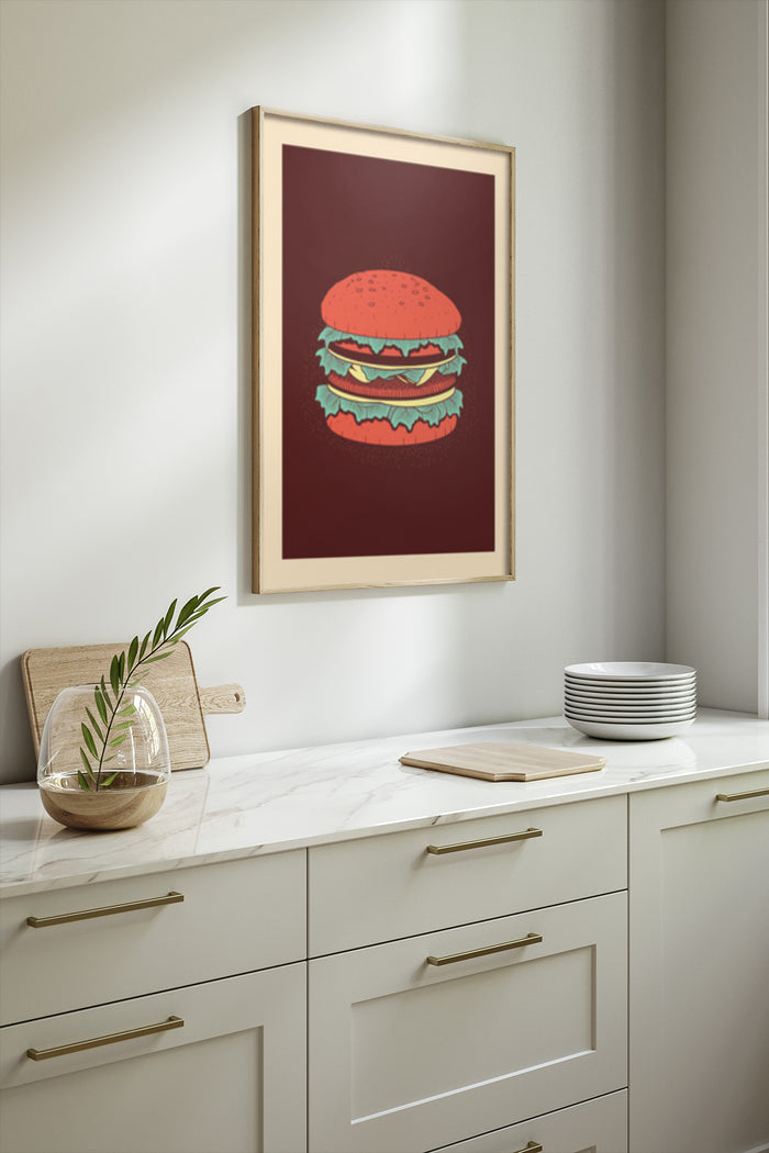 Vintage style burger poster in modern kitchen setting