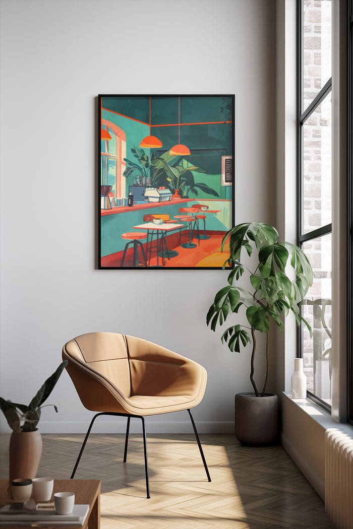 Vintage style illustrated poster of a cafe scene on a wall in a chic modern apartment interior