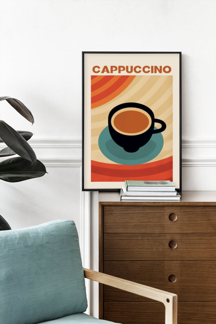 Retro Vintage Cappuccino Coffee Poster Hanging in Modern Interior
