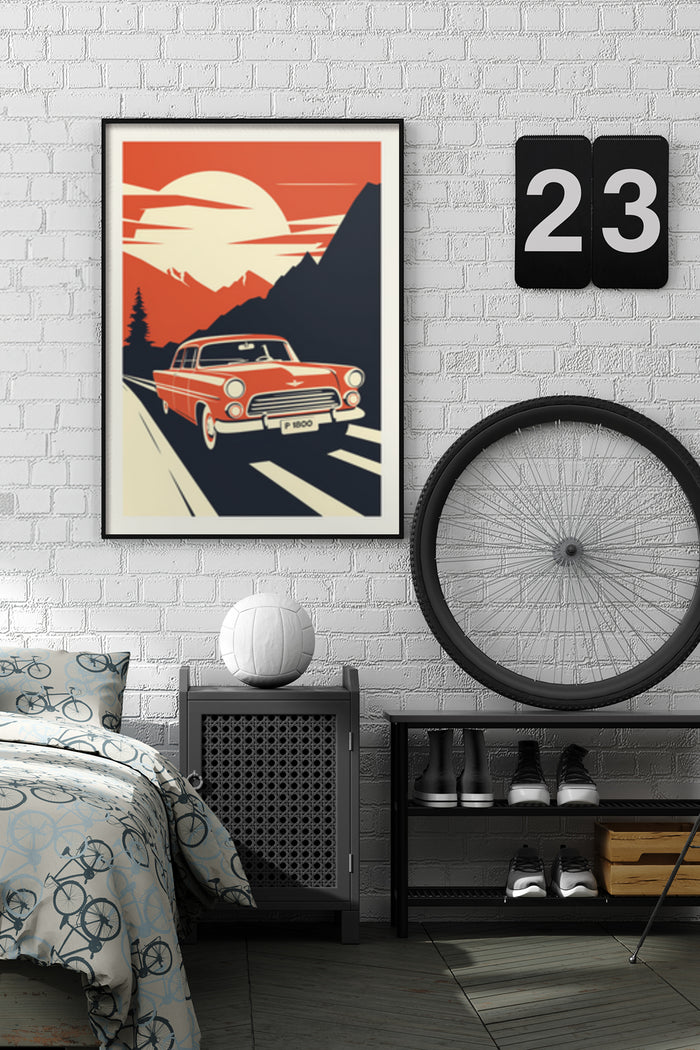 Vintage style poster of a red car driving on a mountain road at sunset