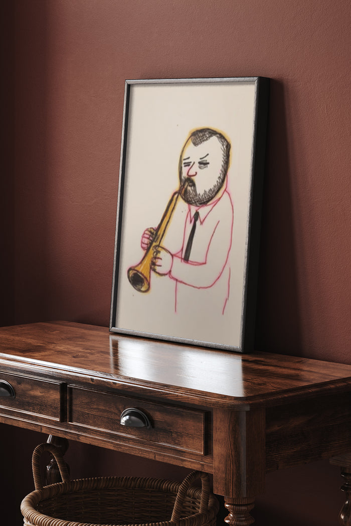 Cartoon drawing of a man with a beard playing the trumpet displayed in a frame on a wooden sideboard against a maroon wall