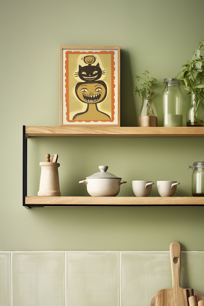 Vintage styled cat poster framed in kitchen with wooden shelves and ceramic dishware