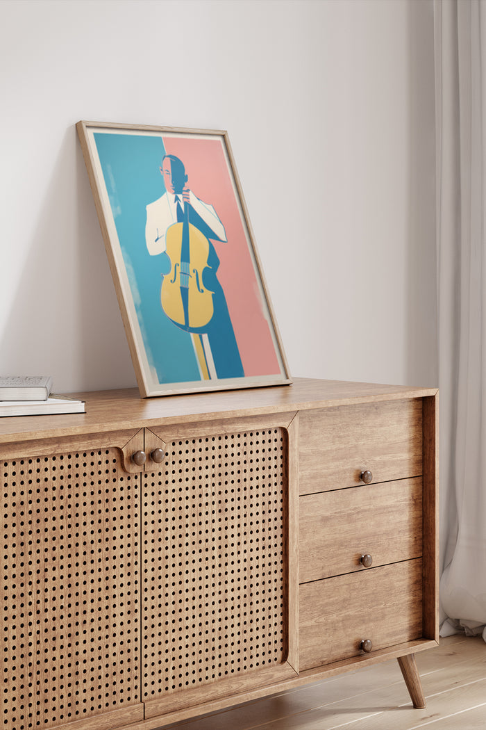 Vintage style poster of a cellist with minimalist background displayed in a modern interior