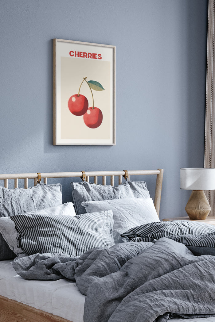 Vintage-style red cherries poster framed on a bedroom wall, adding a pop of color to modern home decor