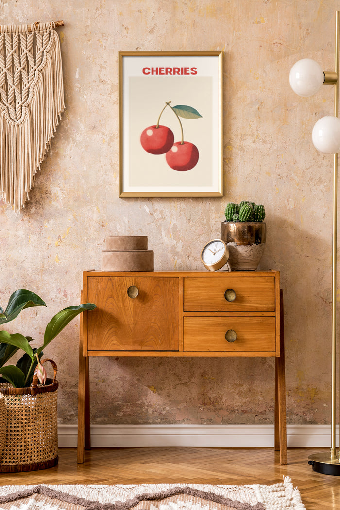 Vintage style cherries poster framed on wall above wooden sideboard in trendy interior design