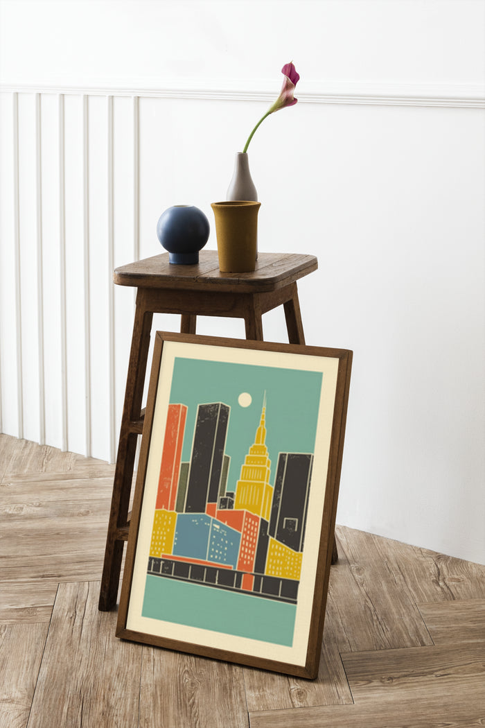Vintage style colorful cityscape art poster on wooden stool in a modern interior setting