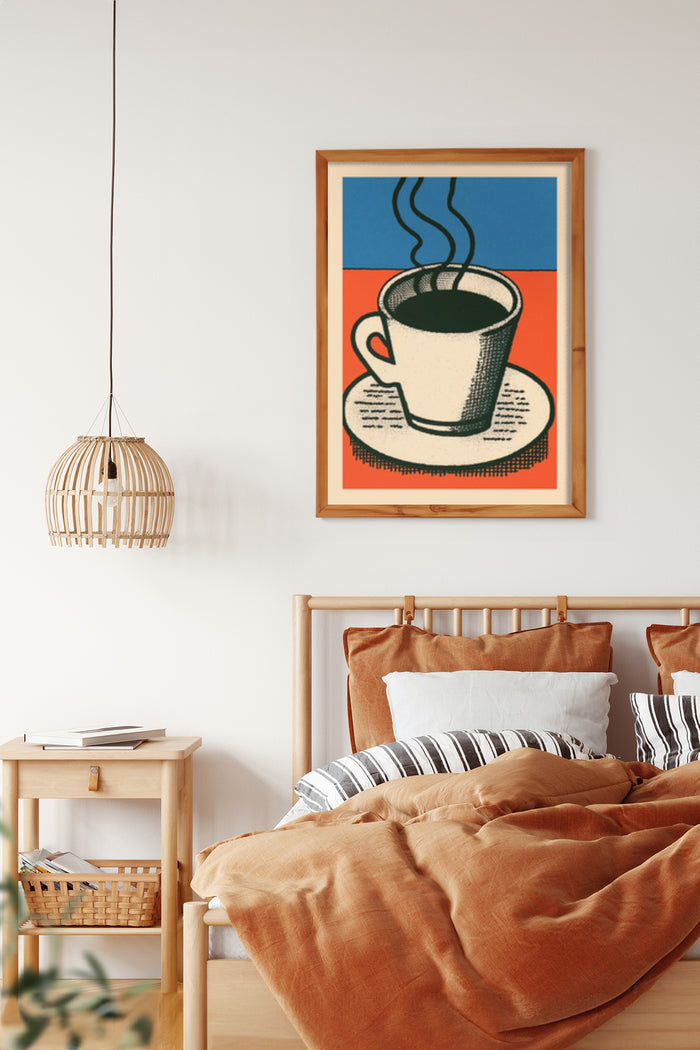 Vintage style coffee cup poster on bedroom wall as home decor
