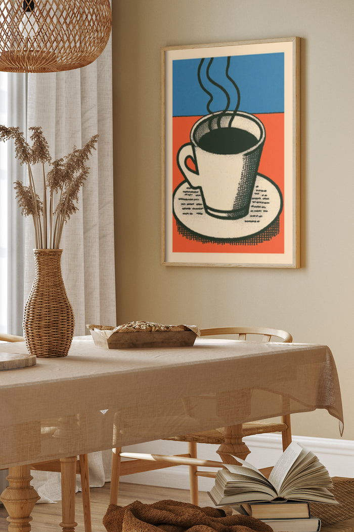 Vintage style poster of a coffee cup with steam against a warm color backdrop in a cozy dining room setting