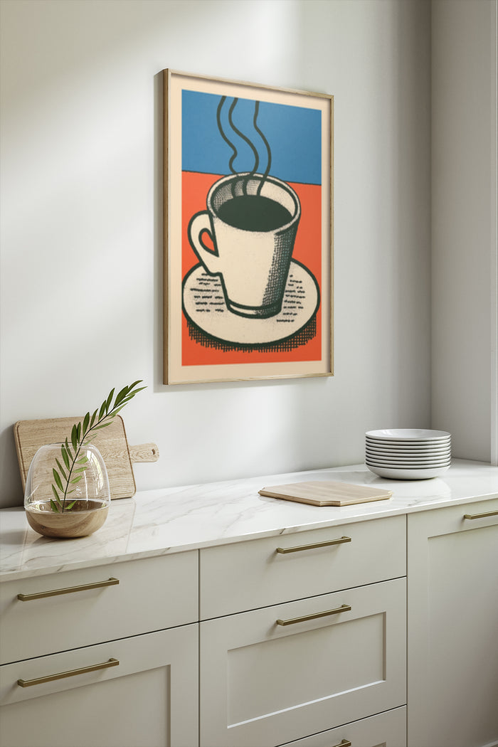 Vintage style pop art coffee cup poster framed in a modern kitchen setting