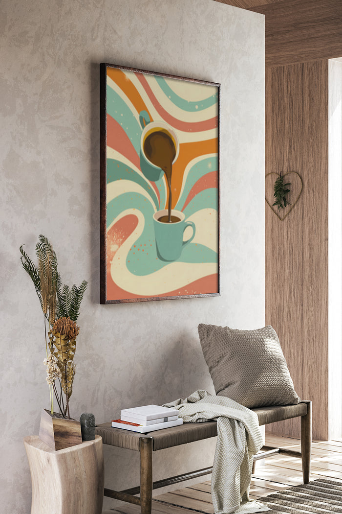 Vintage inspired poster art of coffee pouring into a cup with abstract background in a modern interior