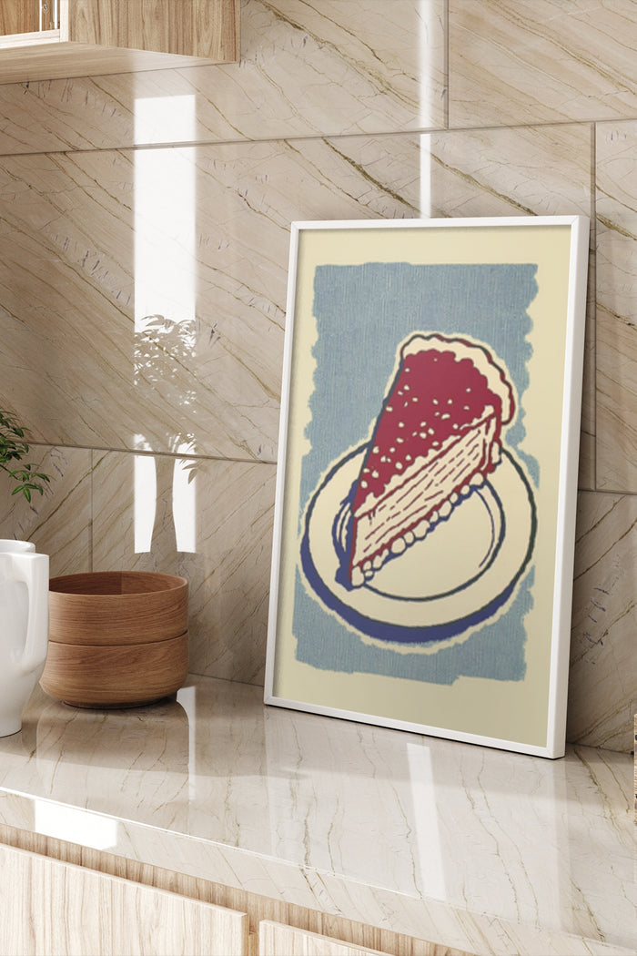 Retro dessert artwork featuring a piece of cake on a plate in a minimalist interior setting