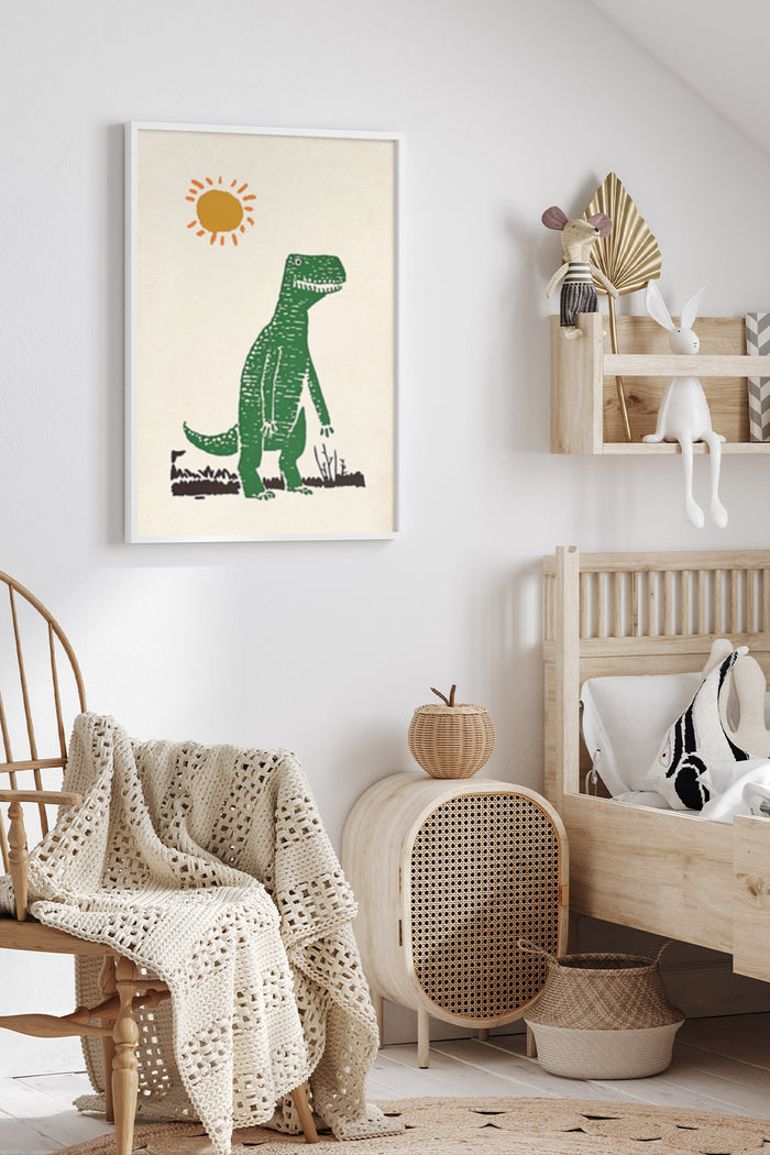 Vintage Style Dinosaur Poster on Wall in Stylish Nursery Room Interior