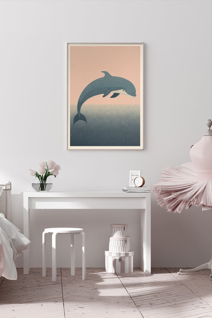 Retro dolphin jumping at sunset poster art on a wall above a minimalistic home desk with decorative elements