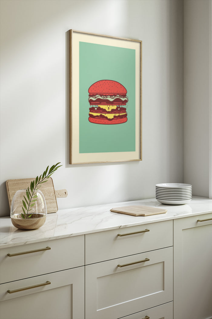 Vintage Style Double Cheeseburger Poster in Modern Kitchen