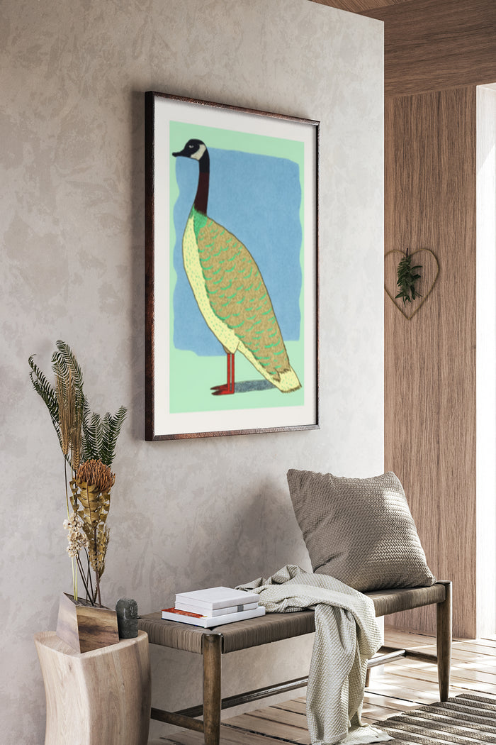 Vintage style illustrated poster of a duck with decorative patterns, displayed in a modern interior setting