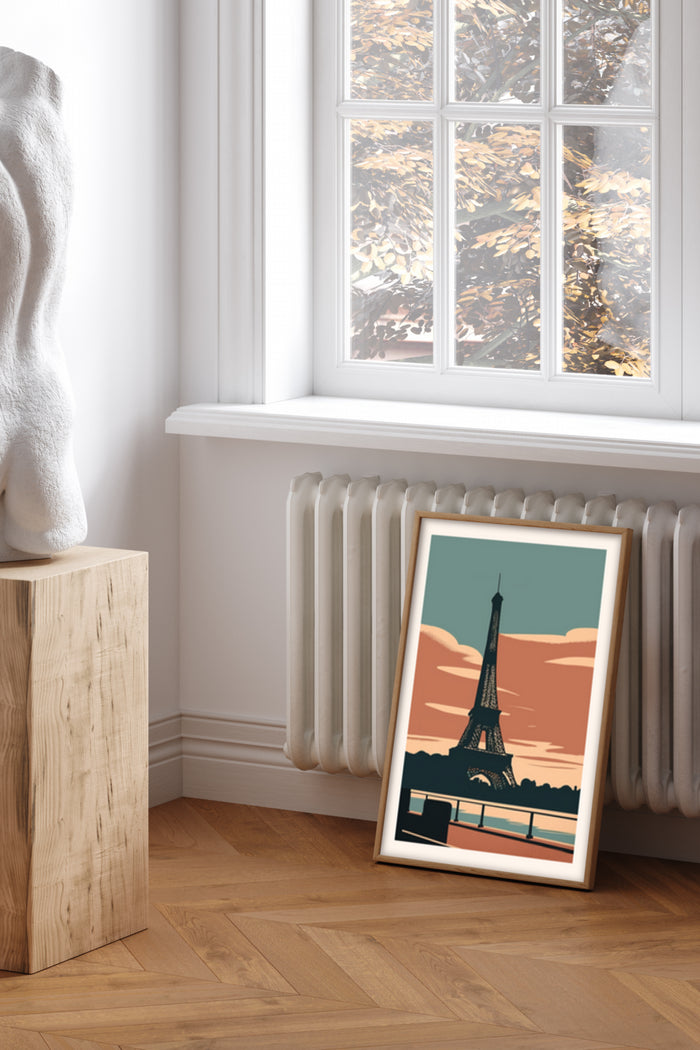 Vintage style poster of Eiffel Tower leaning against wall in a modern interior
