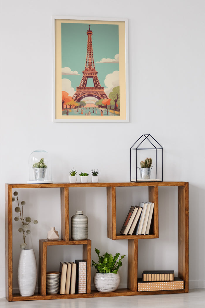 Vintage style illustrated poster of the Eiffel Tower in Paris with warm autumn colors