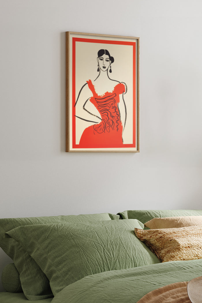 Elegant vintage style woman in red dress poster art on bedroom wall