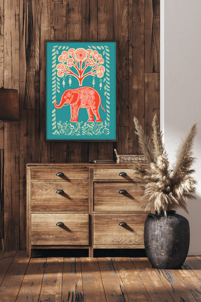 Vintage style elephant illustration with ornate tree artwork on poster in cozy home interior setting