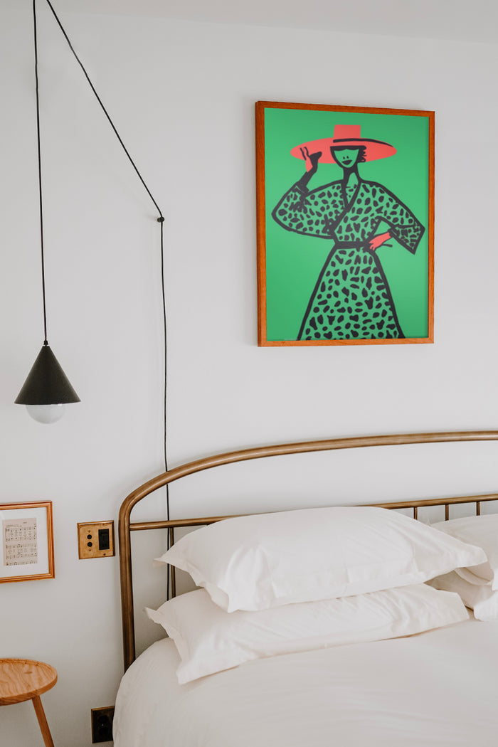 Stylish vintage fashion artwork on bedroom wall above the bed