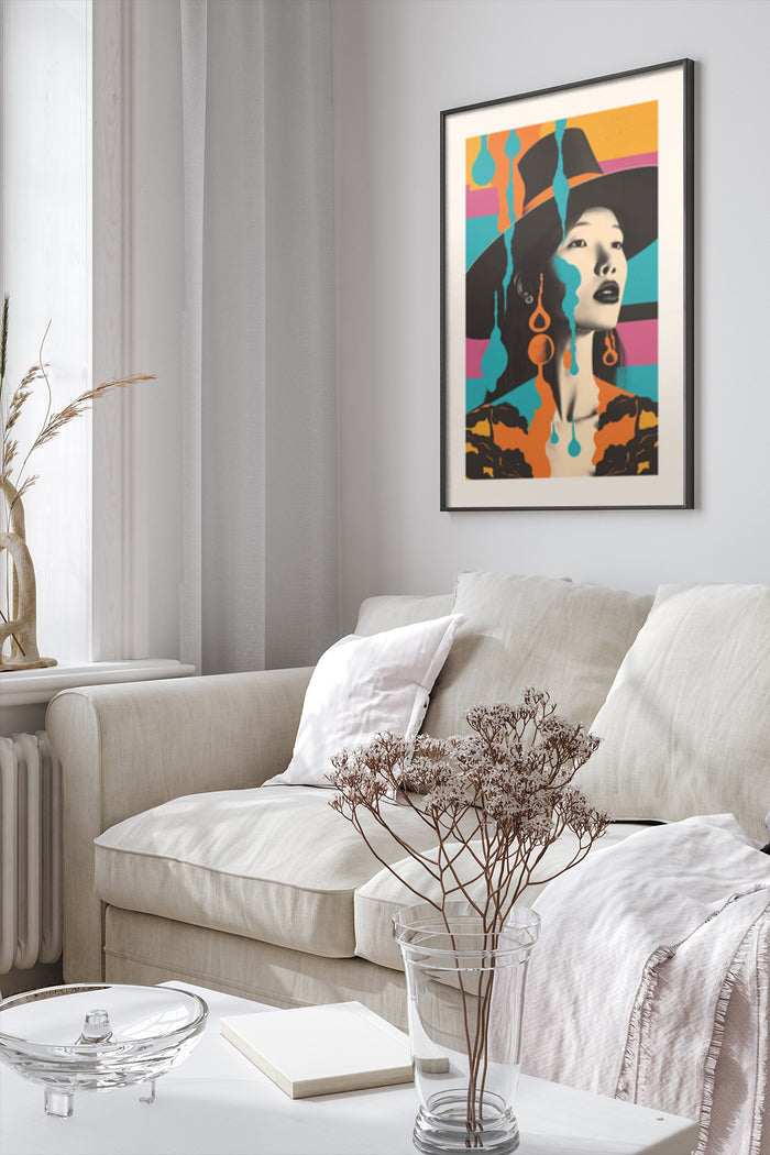 Elegant vintage fashion poster with stylish woman in hat, displayed in a contemporary living room setting