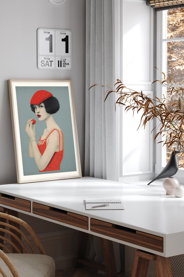 Vintage Style Poster of a Woman with a Red Hat in a Stylish Home Office