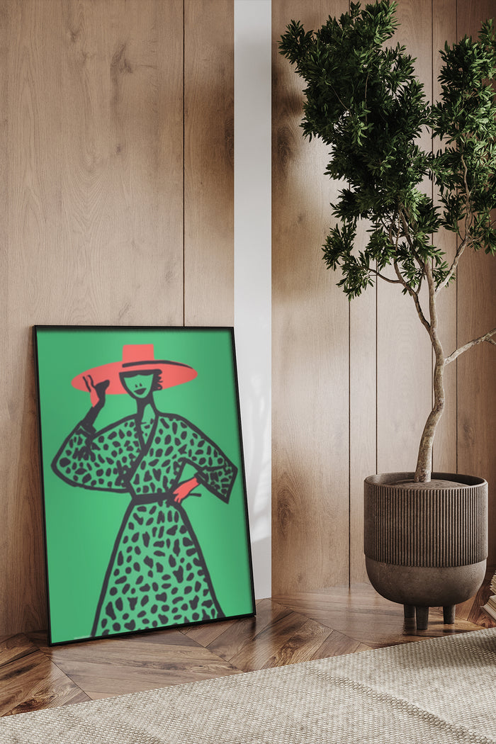 Vintage Style Fashion Poster Featuring a Figure with a Green Animal Print Dress and Red Hat next to a Potted Plant