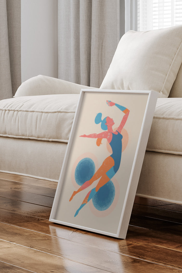 Vintage Style Poster of a Female Cyclist in Dynamic Pose with Abstract Background