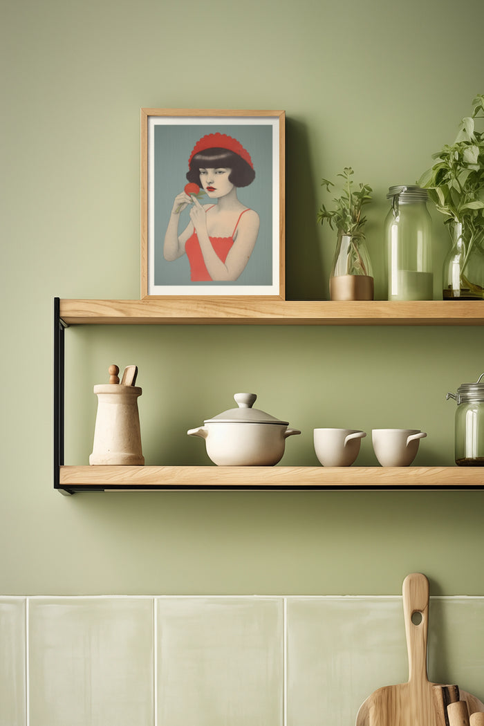 Vintage style portrait of a woman with a red hat and dress framed poster on a shelf with kitchenware and greenery