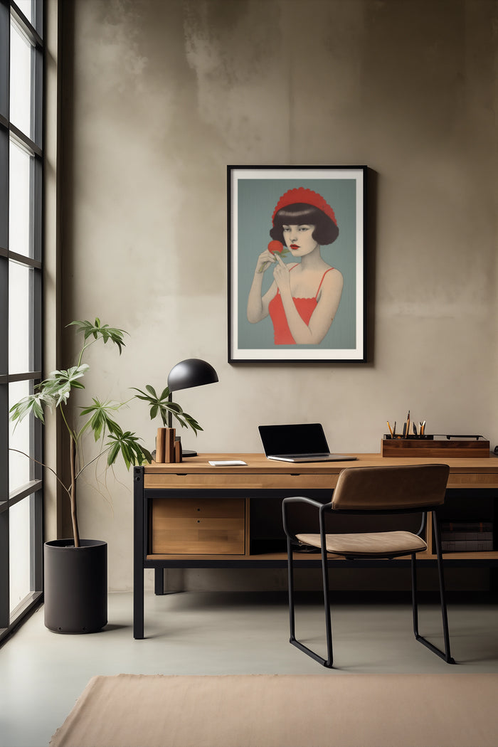 Vintage style art of a woman with a red headpiece and dress framed on office wall interior