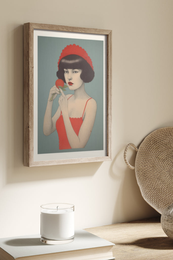 Vintage Style Poster of a Femme Fatale in Red Dress with a Red Bob Hairstyle