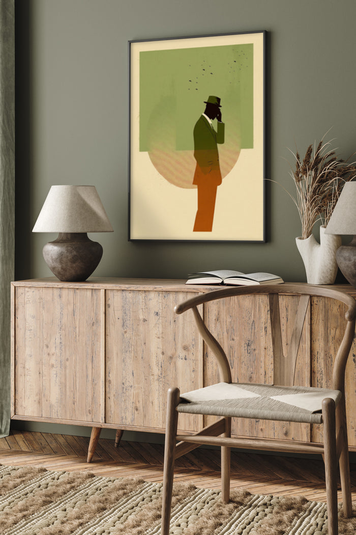 Vintage style silhouette of a figure in a hat poster on wall in stylish interior setting with wooden furniture